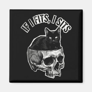 If It Fits I Sit Black Cat Skull Meme Gothic Humou Magnet