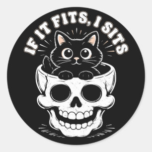 If It Fits I Sit Black Cat Skull Minimalist Meme Classic Round Sticker