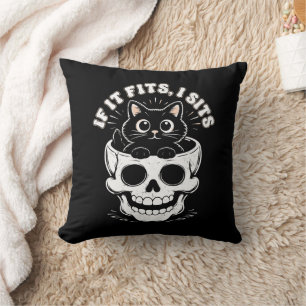 If It Fits I Sit Black Cat Skull Minimalist Meme Cushion