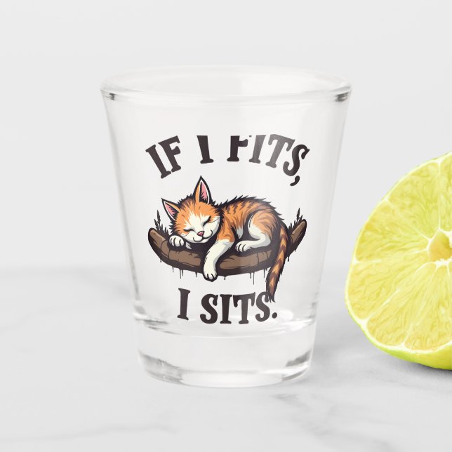 If it Fits I Sits Funny Sleepy Cat Feline Kitten   Shot Glass (Front)