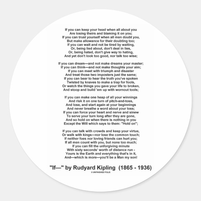 If Poem By Rudyard Kipling (Inspirational Poem) Classic Round Sticker (Front)