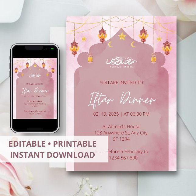 Iftar dinner invitation ramadan pink mosque (Creator Uploaded)