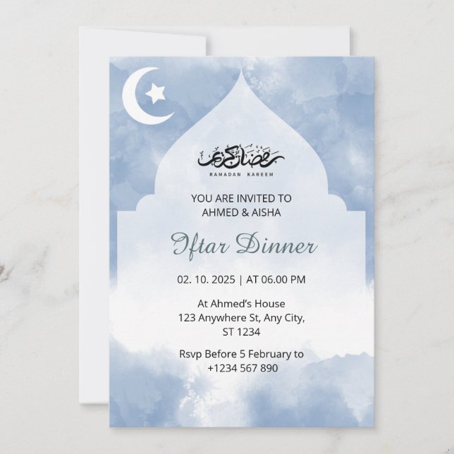 Iftar dinner invitation ramadan watercolor blue (Front)