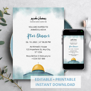 Iftar dinner invitation ramadan watercolor blue
