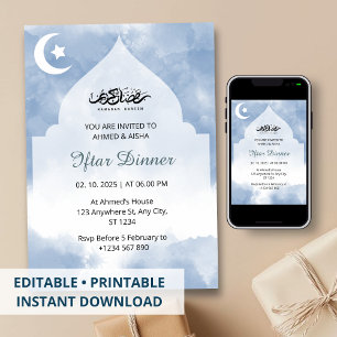 Iftar dinner invitation ramadan watercolor blue