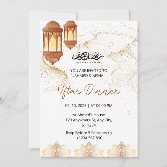 Iftar dinner invitation ramadan watercolor gold (Front)
