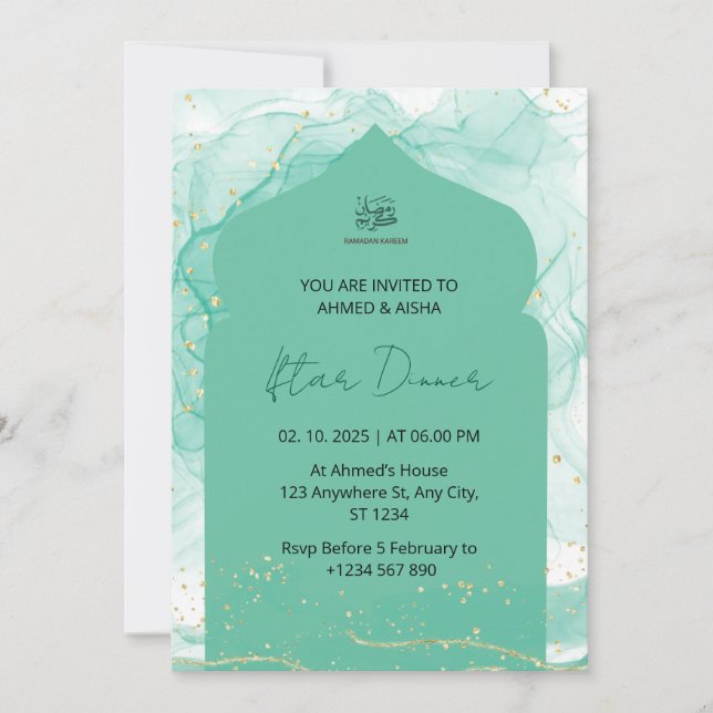Iftar dinner invitation ramadan watercolor green (Front)
