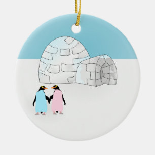 Igloo with coloured penguins ceramic tree decoration