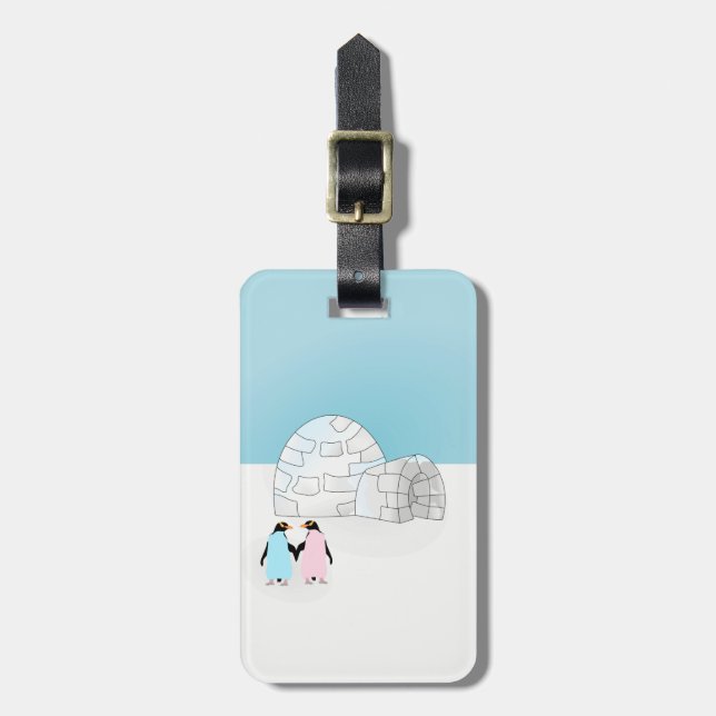 Igloo with coloured penguins luggage tag (Front Vertical)