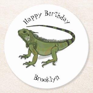 Iguana cartoon illustration round paper coaster