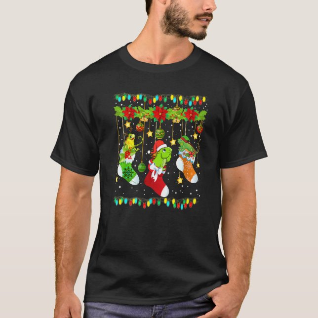 Iguana Christmas Stocks X-Mas Lights Pajama Matchi T-Shirt (Front)