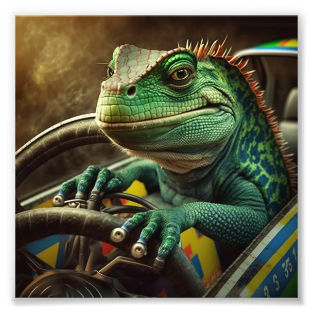 Iguana driving racing car photo print (Front)