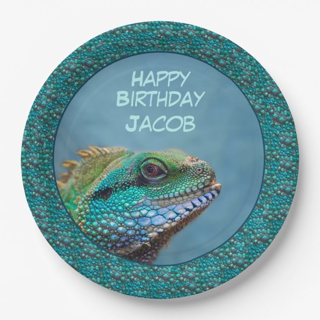 Iguana Happy Birthday Green, Blue, Teal Paper Plate (Front)