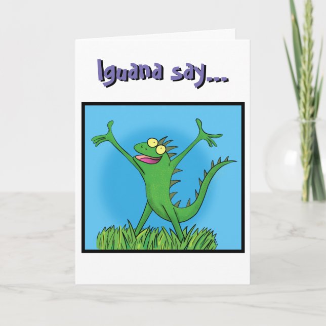 Iguana lizard funny cartoon happy birthday card (Front)