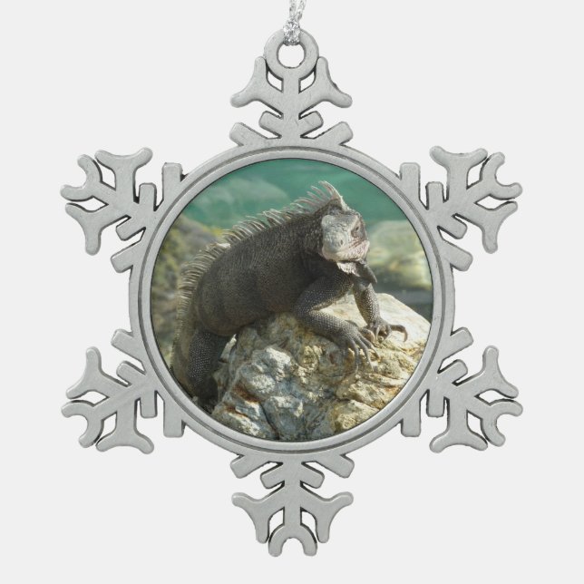 Iguana on the Rocks at St. Thomas Snowflake Pewter Christmas Ornament (Front)