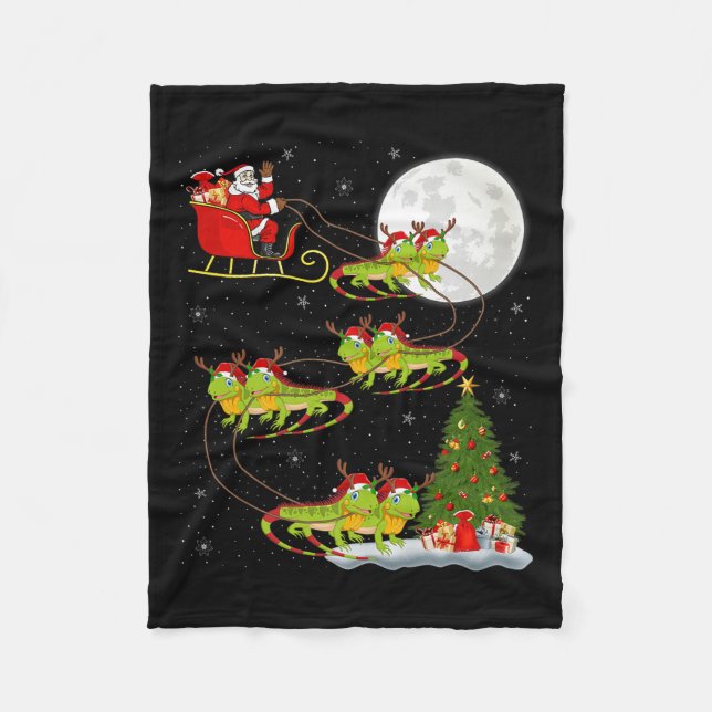 Iguana Santa Sleigh Flying Funny Magical Christmas Fleece Blanket (Front)