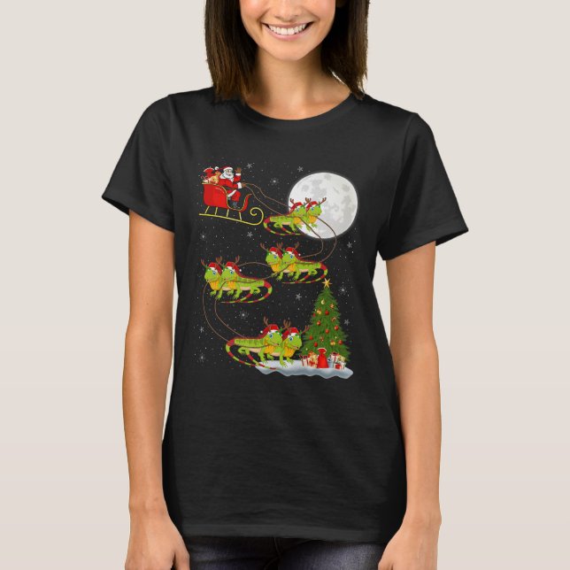 Iguana Santa Sleigh Flying Funny Magical Christmas T-Shirt (Front)