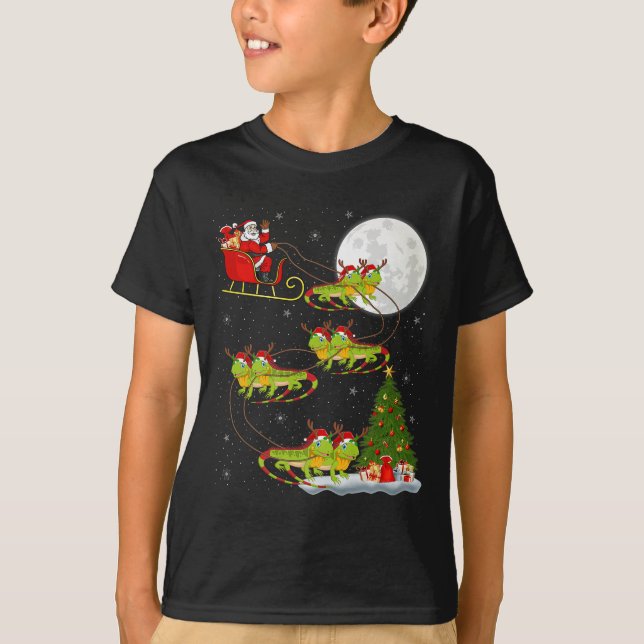 Iguana Santa Sleigh Flying Funny Magical Christmas T-Shirt (Front)