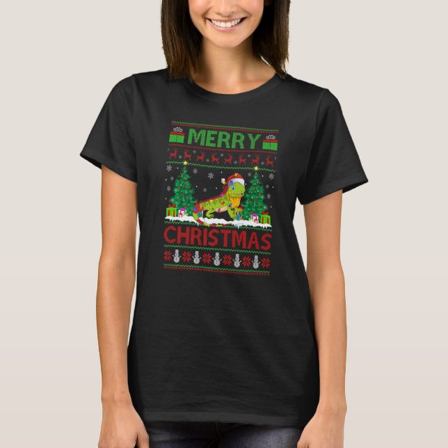Iguana  Xmas Tree Lights Ugly Santa Iguana Christm T-Shirt (Front)