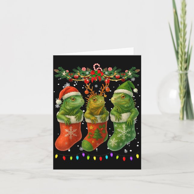 Iguanas In Christmas Socks Lights Iguanas Xmas  Card (Front)