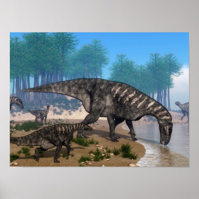 Iguanodon dinosaurs herd at the shoreline poster (Front)