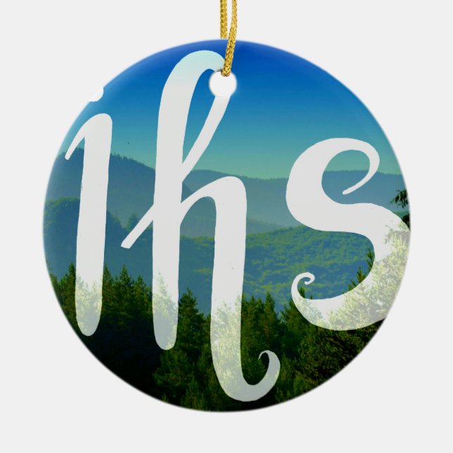 IHS in His service handwriting letters Ceramic Tree Decoration (Front)