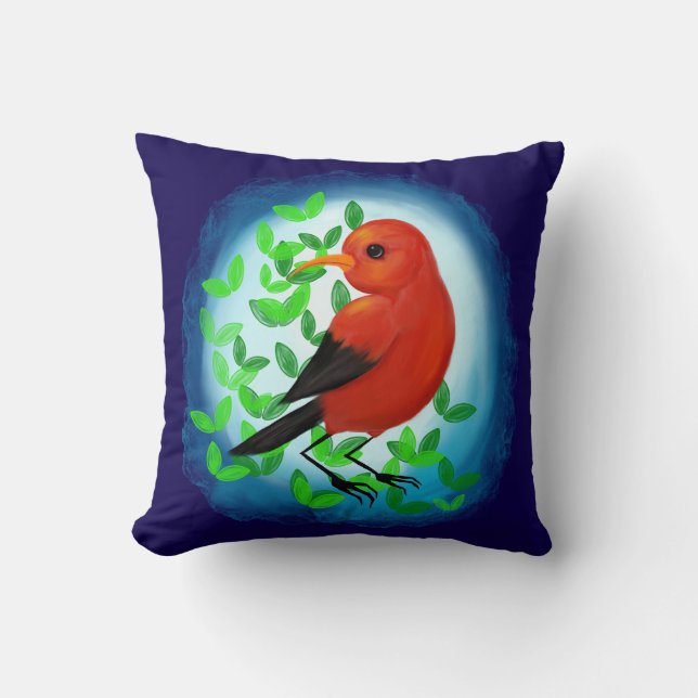 'I'iwi and Leaves Throw Pillow (Front)