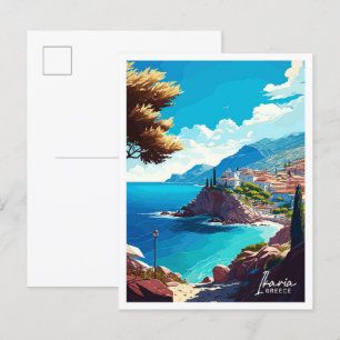 Ikaria Greece Travel Vintage Illustration Postcard