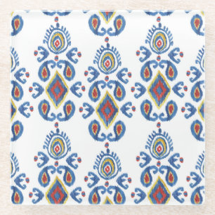Ikat Abstract: Watercolor Oriental Motifs. Glass Coaster