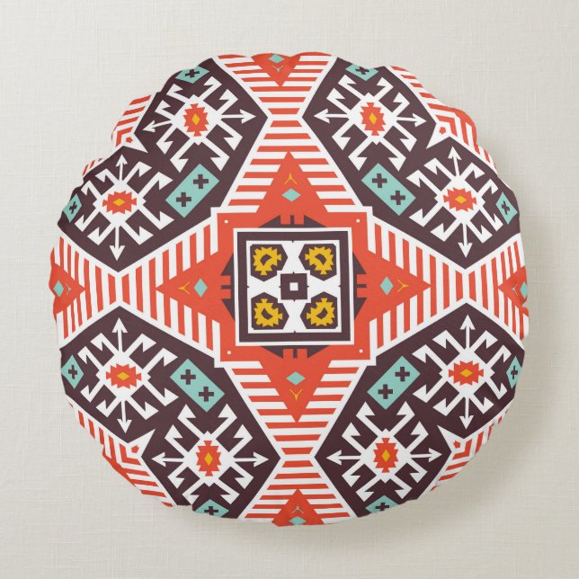 Ikat Aztec: Ethnic Striped Texture Round Cushion (Front)