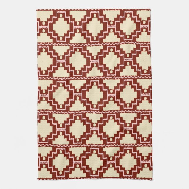 Ikat Aztec Pattern - Beige, Burgundy and Pink Tea Towel (Vertical)