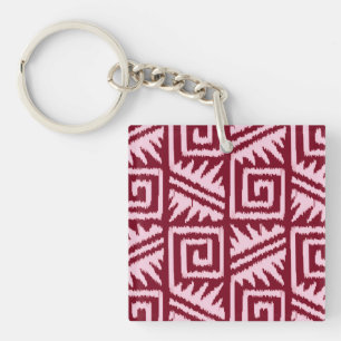 Ikat Aztec Pattern - Burgundy and Pink Key Ring