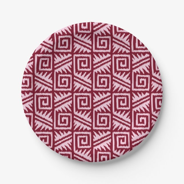 Ikat Aztec Pattern - Burgundy and Pink Paper Plate (Front)