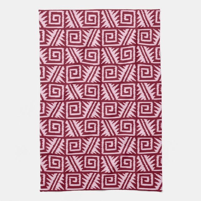 Ikat Aztec Pattern - Burgundy and Pink Tea Towel (Vertical)