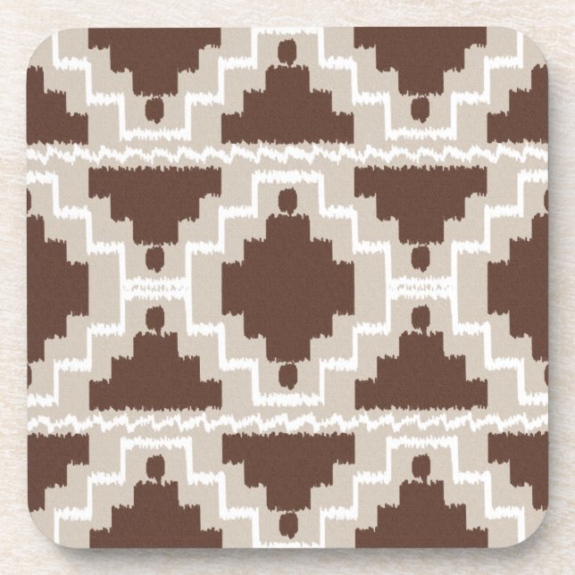 Ikat Aztec Pattern - Chocolate Brown and Taupe Coaster (Front)
