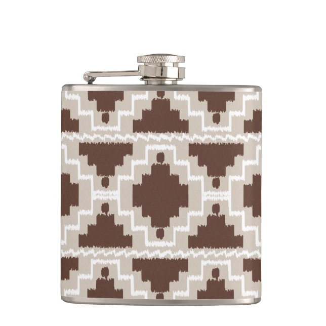 Ikat Aztec Pattern - Chocolate Brown and Taupe Hip Flask (Front)