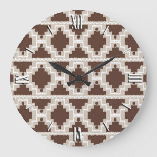 Ikat Aztec Pattern - Chocolate Brown and Taupe Large Clock