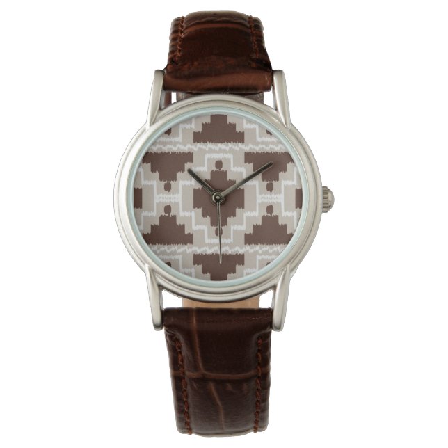 Ikat Aztec Pattern - Chocolate Brown and Taupe Watch (Front)