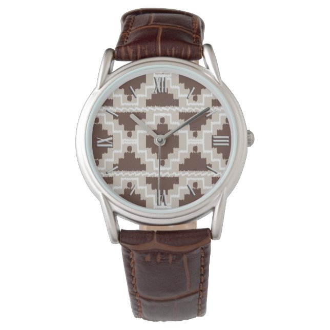 Ikat Aztec Pattern - Chocolate Brown and Taupe Watch (Front)