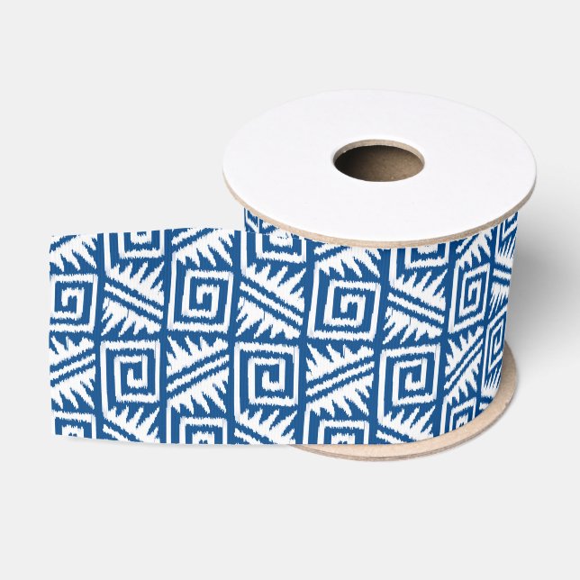 Ikat Aztec Pattern - Cobalt Blue and White Grosgrain Ribbon (Spool)