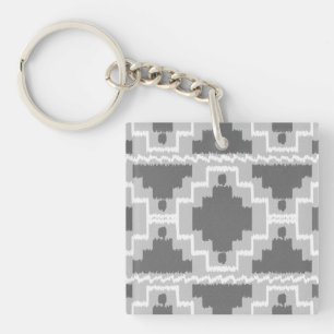 Ikat Aztec Pattern - Dark and light Grey / Grey Key Ring