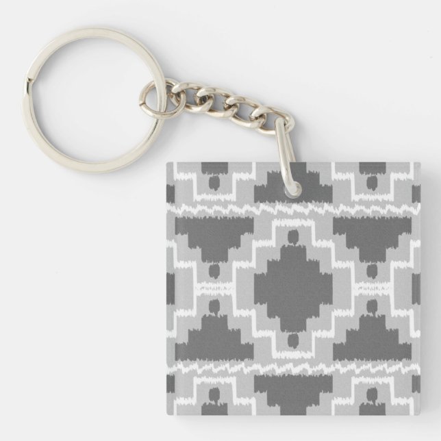 Ikat Aztec Pattern - Dark and light Grey / Grey Key Ring (Front)