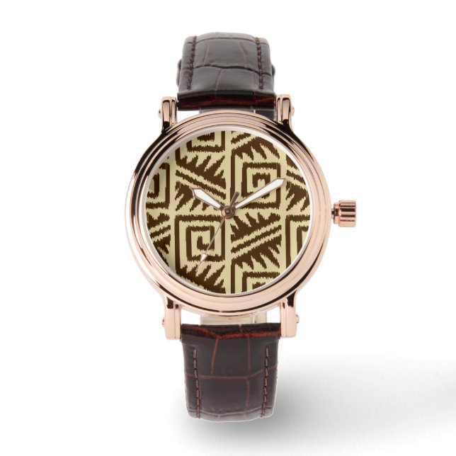 Ikat Aztec Pattern - Dark Brown and Tan Watch (Front)