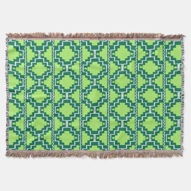 Ikat Aztec Pattern - Forest and Lime Green Throw Blanket (Front)