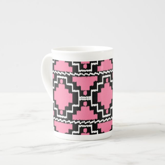 Ikat Aztec Pattern - Fuchsia Pink, Black and White Bone China Mug (Front Left)