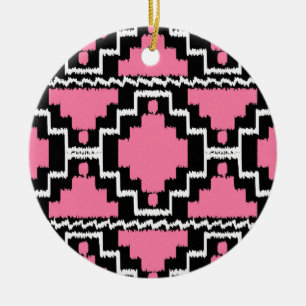Ikat Aztec Pattern - Fuchsia Pink, Black and White Ceramic Tree Decoration