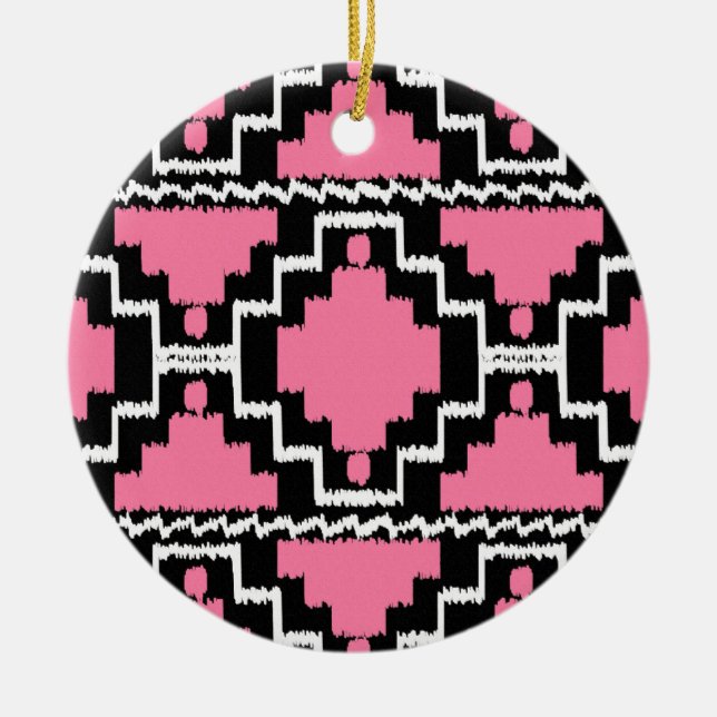 Ikat Aztec Pattern - Fuchsia Pink, Black and White Ceramic Tree Decoration (Front)