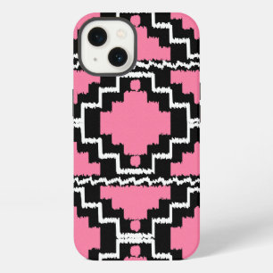 Ikat Aztec Pattern - Fuchsia Pink, Black and White iPhone 13 Case