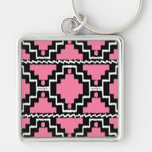 Ikat Aztec Pattern - Fuchsia Pink, Black and White Key Ring
