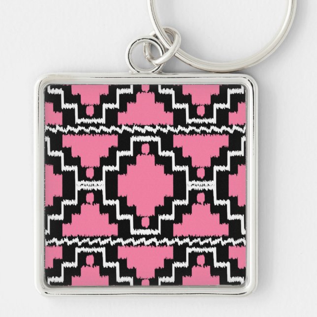 Ikat Aztec Pattern - Fuchsia Pink, Black and White Key Ring (Front)